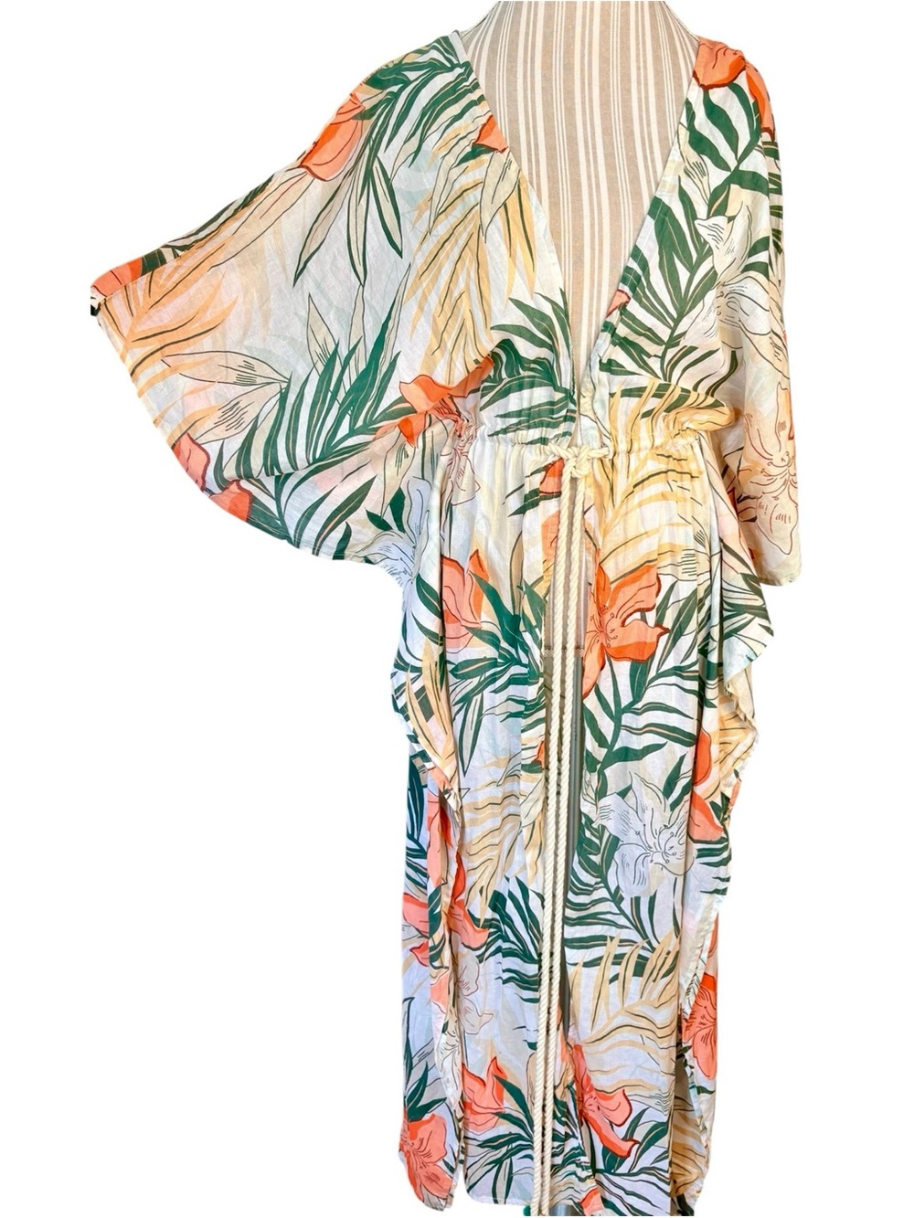 True Destinations Belted Boho Tropical Floral Kaftan Kimono Robe Cover Up Large